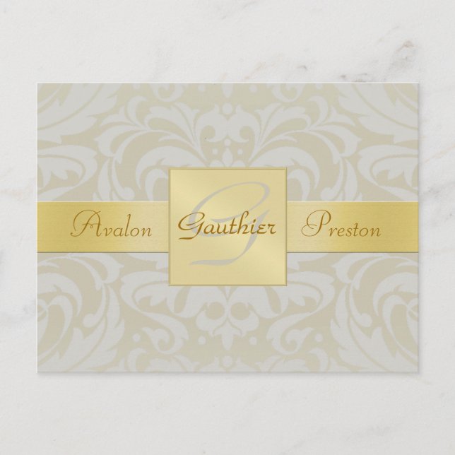 Oyste Damask Gold Monogram Save the Date Postkarte (Vorderseite)