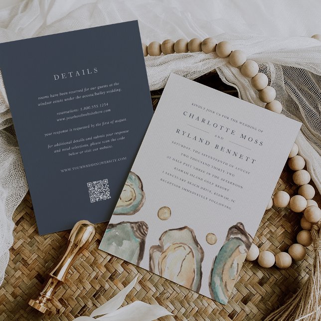 Oyster an der Küste in einem QR-Code Hochzeit Einladung (Double sided coastal wedding invitation)