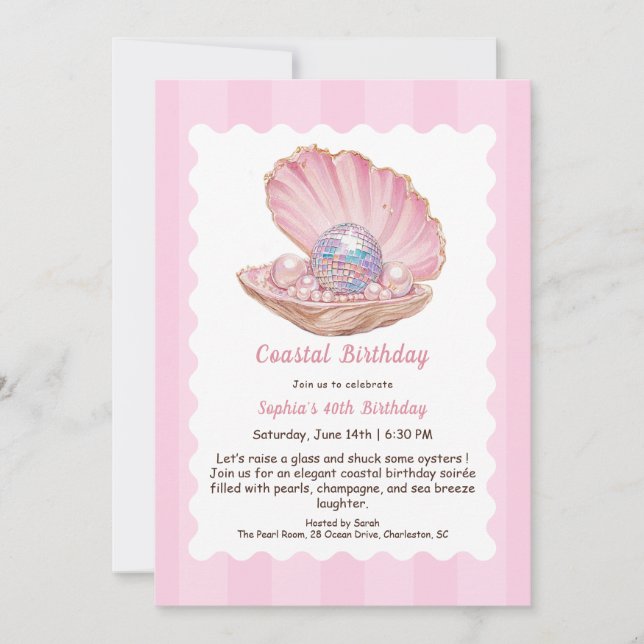 Oyster Birthday Party | Elegante Coastal Disco Einladung (Vorderseite)
