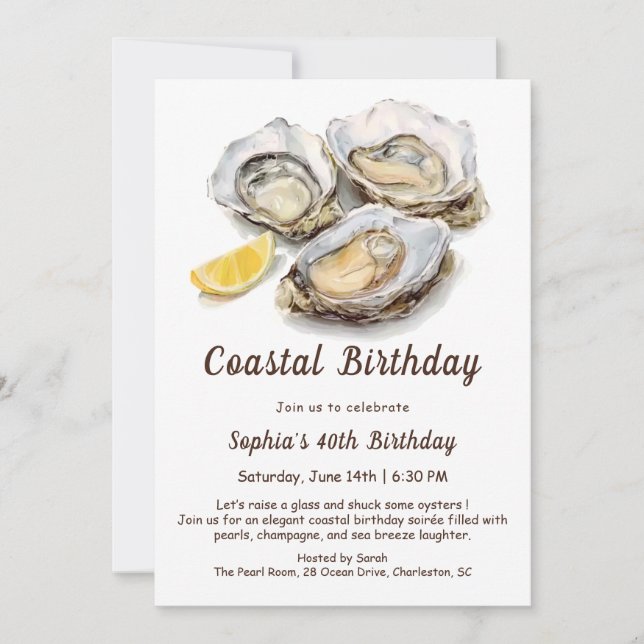 Oyster Birthday Party | Elegante Küste Einladung (Vorderseite)