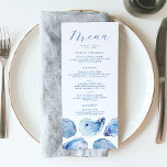 Oyster Blue Watercolor Wedding Menükarte<br><div class="desc">Freuen Sie sich auf unser exquisites Hochzeitsmenü mit drei verführerischen Vorspeisenangeboten für Ihre Hochzeit am Strand. Dieses elegante Menü fügt eine Touch von Küstenstreifen mit dem blauen Austerndesign der Muschel hinzu. Ideal für Hochzeiten an beliebten Orten der Ostküste wie Belle Mer auf Rhode Island, The Ocean House in Connecticut, Oceanbleu...</div>