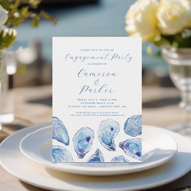 Oyster Engagement Party Blue Watercolor Einladung (Oyster Engagement Party Invitation with elegant blue watercoor oyster shells from Concertina Press)