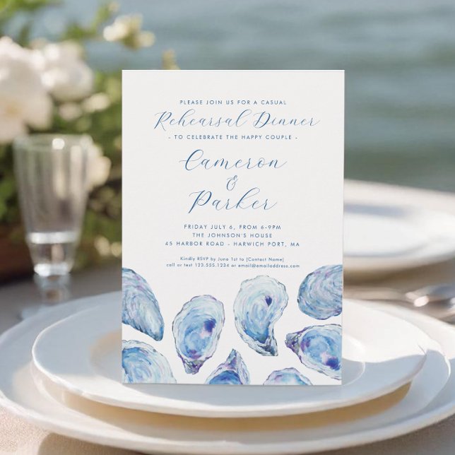 Oyster Lässig Wedding Probe Blue Watercolor Einladung (Oyster Casual Rehearsal Dinner Invitation with blue watercolor oyster shells from Concertina Press)