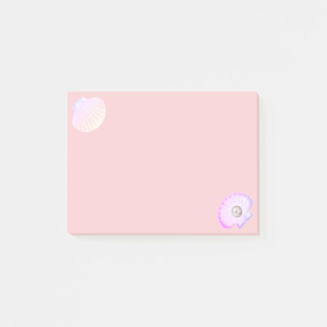 Oyster-Muschel mit Perle auf hellkorallenrosa Post-it Klebezettel (Vorderseite)