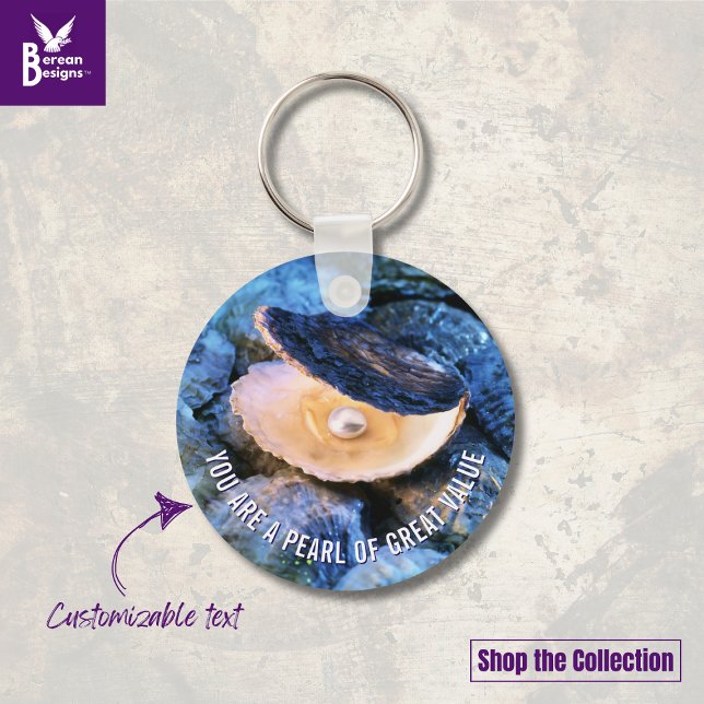 OYSTER Pearl of Great Value Custom Christlich Schlüsselanhänger (Blue OYSTER aesthetic keychain with CUSTOMIZABLE Christian Bible verse. Ideal gift for her.)