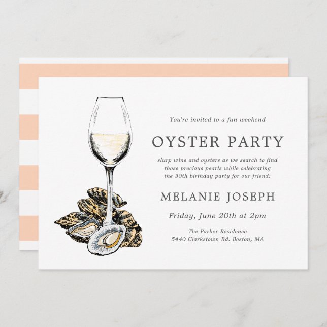 Oyster Pearl Themed Birthday | Pfirsichstreifen Einladung (Vorne/Hinten)