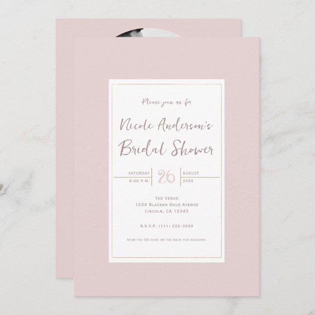 Oyster Pink & Gold Modernes Minimales Brautparty Einladung (Vorne/Hinten)