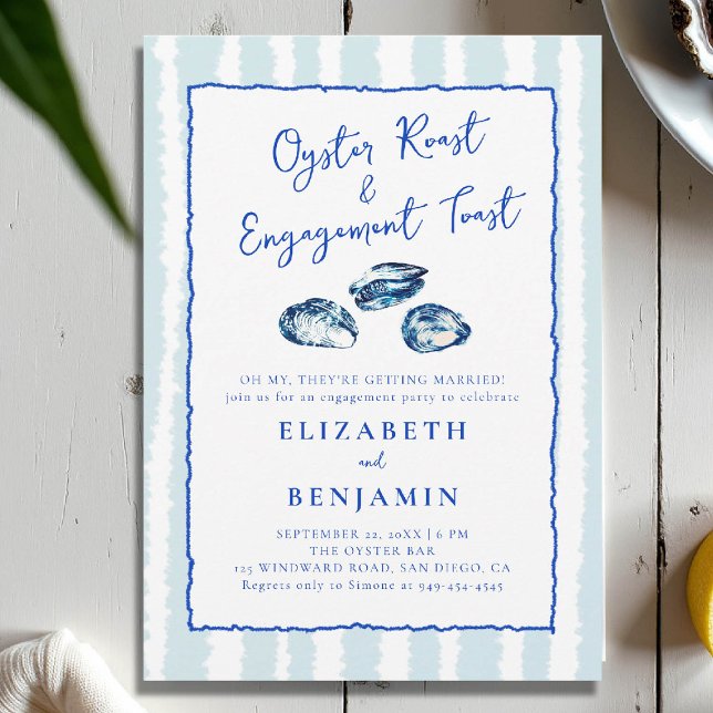Oyster Roast Blue Stripes Moderne Engagement Party Einladung (nautical engagement invitation oyster party coastal seaside yacht club boat beach blue hand drawn)