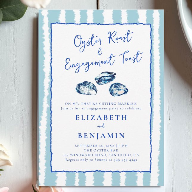 Oyster Roast Blue Strips Lässige Engagement Party Einladung (nautical engagement invitation oyster party coastal seaside yacht club boat beach hand drawn stripes)