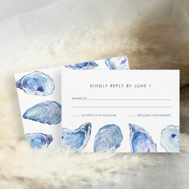 Oyster Wedding Blue Watercolor RSVP Karte (Oyster Watercolor RSVP Card with names in a blue coastal design from Concertina Press)