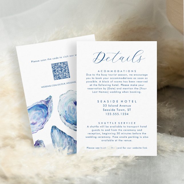 Oyster Wedding Details Hotel Info QR-Code Begleitkarte (Oyster Wedding Details and Hotel Information with QR Code and Elegant blue watercolor oyster shells)