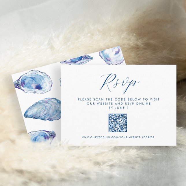 Oyster Wedding QR UAWG Blue Watercolor Begleitkarte (Oyster online RSVP card with QR Code and Elegant blue watercolor oyster shells by Concertina Press)