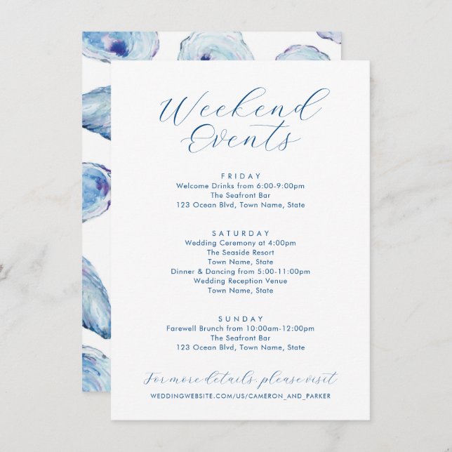Oyster Wedding Weekend Events Blue Watercolor Begleitkarte (Vorne/Hinten)