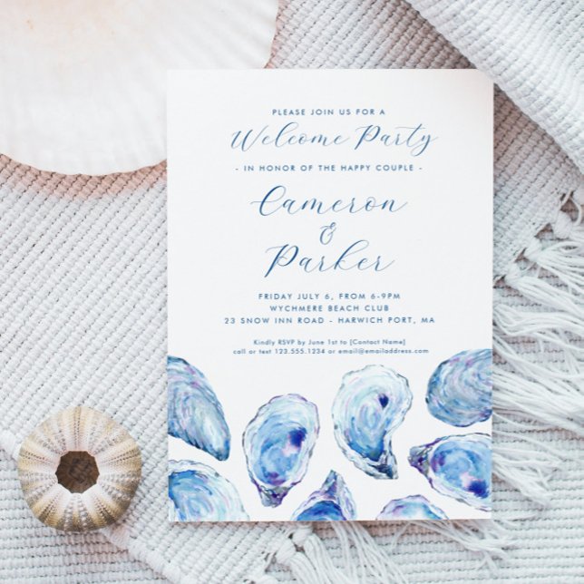 Oyster Welcome Party Blue Watercolor Einladung (Oyster Welcome Party Invitation with elegant blue watercolor illustration from Concertina Press)