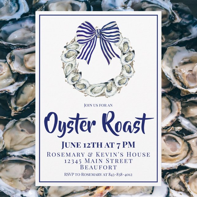 Oyster Wreath Blue Striped Ribbon Oyster Roast Einladung (Von Creator hochgeladen)