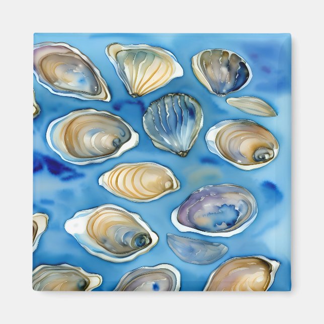 Oysters Clams Seashells Watercolor Blue Magnet (Vorne)