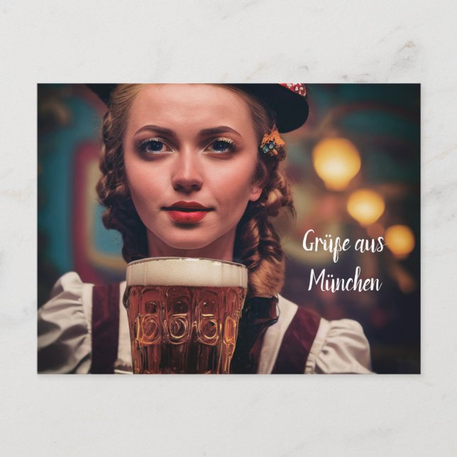 O'Zapft ist! Frau im Dirndl mit Bier. München Wien Postkarte (Vorderseite)