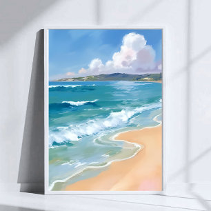 Ozean-Aquarell-Wellen Blaues Meer Küstenmalerei Poster