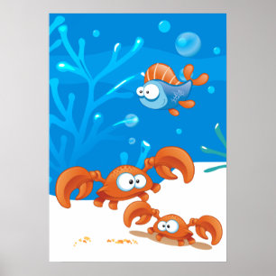 Ozean-Aquatic-Süße-Krebs-Lustiger-Fisch-Plakat Poster