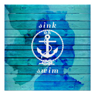Ozean-Blau-Aquarell-Holz-und Anker-Zitat Poster
