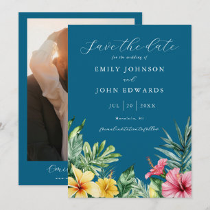 Ozean Blau Elegante Tropische Blumen Foto Hochzeit Save The Date