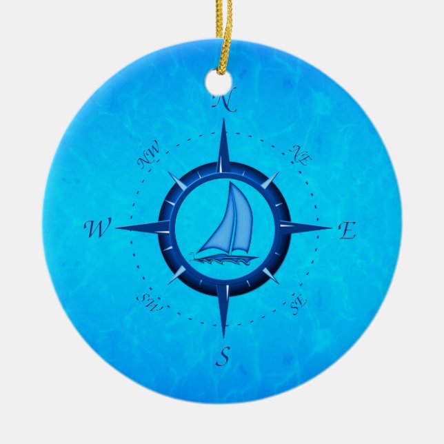 Ozean-Blau-Segelboot und Kompass-Rose Keramikornament (Vorne)