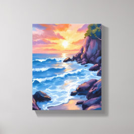 Ozean-Bucht-Sonnenuntergang | Wasserfarbe Stranduf Leinwanddruck