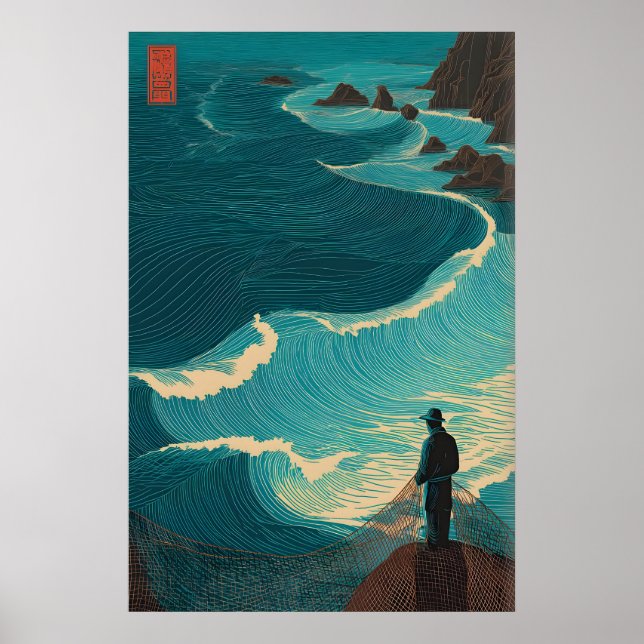 Ozean Fischer Wandkunst - Einsamer Angler mit Poster (Vorne)