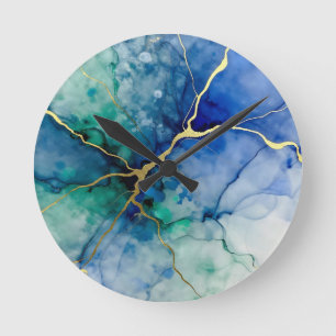 Ozean-Geode-Alkohol-Tinte Goldadern Runde Wanduhr