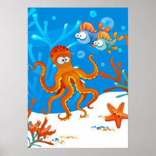 Ozean Meeresbewohner Süßer Oktopus Seestern Kinder Poster