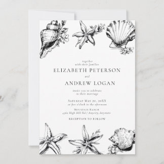 Ozean Muschel Modern Minimal Schwarz Weiß Hochzeit Einladung