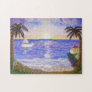 Ozean Sonnenaufgang, Küstenlandschaft, Yacht & Pal Puzzle