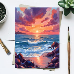 Ozean-Sonnenuntergang-Aquarell-Strand-Küstenszene Postkarte