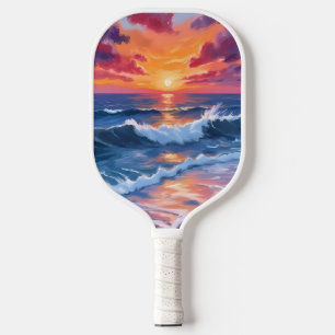 Ozean-Sonnenuntergang-Strand-Wellen-Aquarell Pickleball Schläger