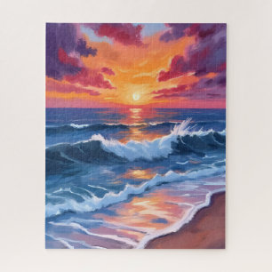 Ozean-Sonnenuntergang-Strand-Wellen-Aquarell Puzzle