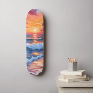 Ozean-Sonnenuntergang-Strand-Wellen-Aquarell Skateboard
