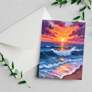 Ozean-Sonnenuntergang-Strand-Wellen-Aquarellkarte