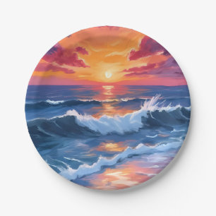 Ozean-Sonnenuntergang-Strand-Wellen-Aquarellkarte Pappteller