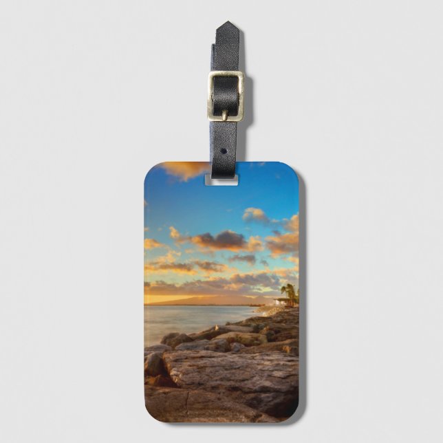 Ozean-Sonnenuntergang über Felsen und Palme | Gepäckanhänger (Vorderseite Vertikal)
