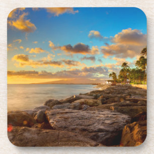 Ozean-Sonnenuntergang über Felsen und Palme   Untersetzer