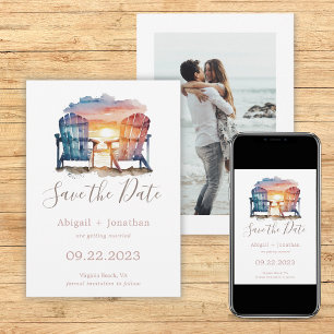 Ozean-Sonnenuntergangs-Foto-Strandstühle Hochzeit Save The Date