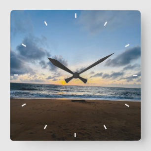 Ozean-Sonnenuntergangs-Strand-Wanduhr   Küsten-Nat Quadratische Wanduhr