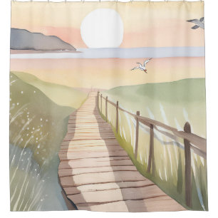 Ozean-Spaziergang   Gelber Sonnenuntergang Aquarel Duschvorhang