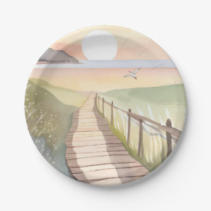 Ozean-Spaziergang   Gelber Sonnenuntergang Aquarel Pappteller