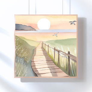 Ozean-Spaziergang   Gelber Sonnenuntergang Aquarel Poster