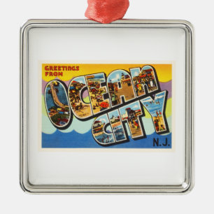 Ozean-Stadt-New-Jersey NJ Vintage Reise-Postkarte Silbernes Ornament