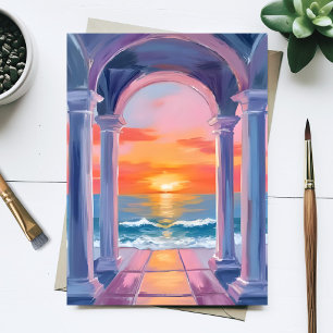Ozean-Torbogen-Sonnenuntergang-Aquarell-Küstenmale Postkarte