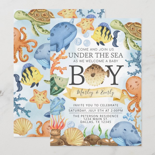 Ozean Under the Sea Boy Baby Shower Einladung (Vorne/Hinten)