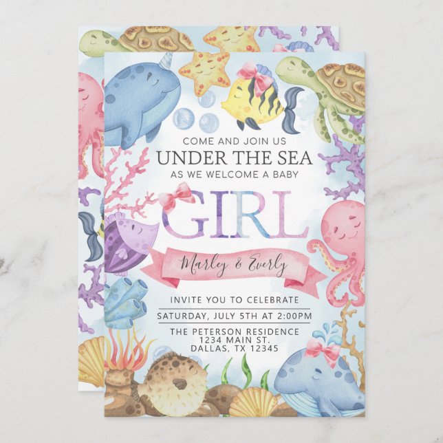 Ozean Under the Sea Girl Shower Einladung (Vorne/Hinten)