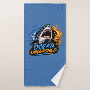 Ozean Unleashed Hai – Kühner blauer und orangefarb Badehandtuch